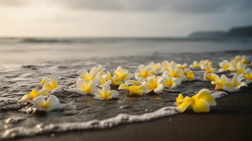 Des fleurs blanches et jaunes flottant sur une mer tropicale calme, près d’un rivage de sable sombre