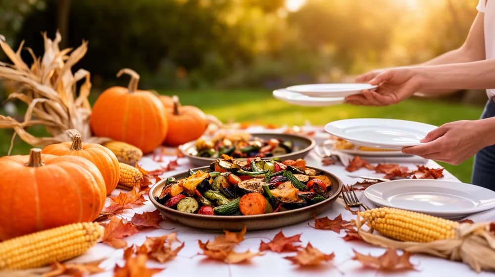 Une table d’automne garnie de courges et de feuilles rousses, des mains qui se passent les assiettes