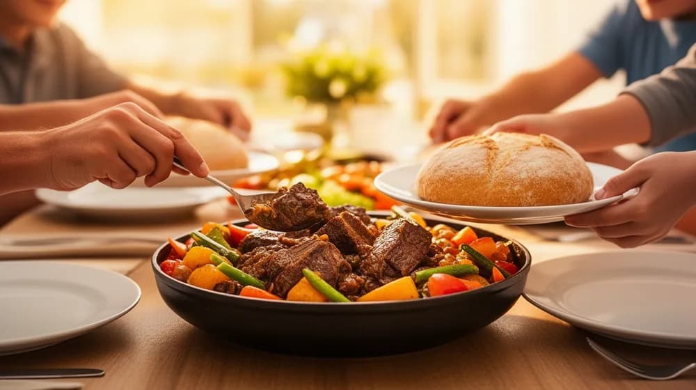 Un grand plat partagé au centre d’une table, plusieurs mains qui se servent
