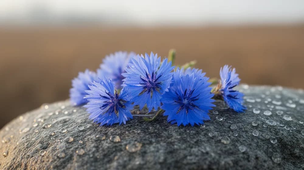 Quelques fleurs de bleuet des champs posées sur une pierre grise mouillée de pluie, un jour de novembre