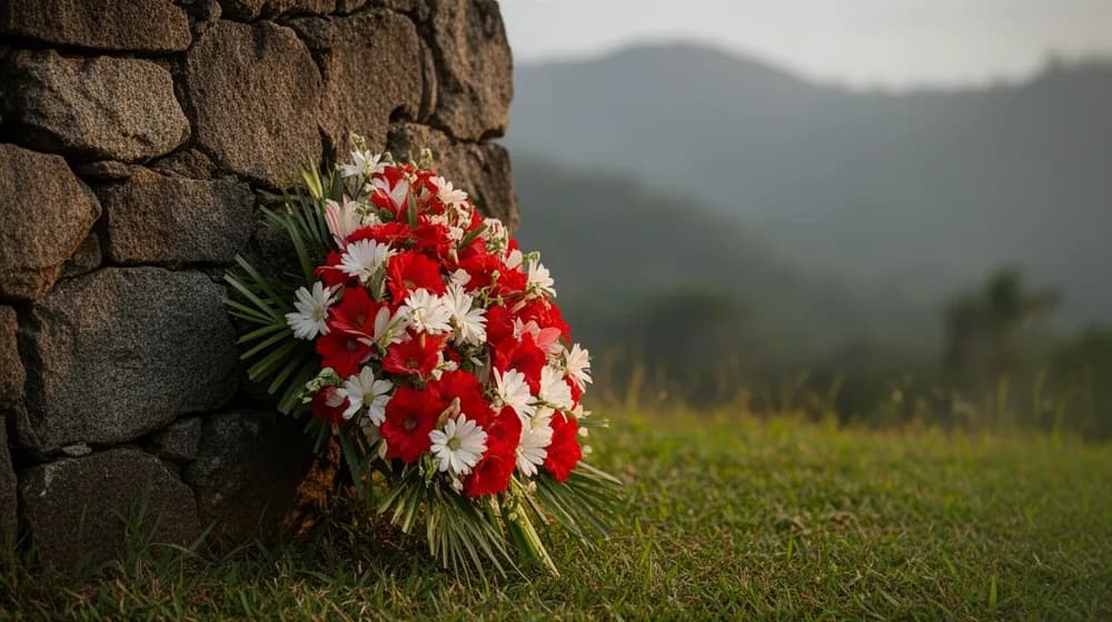Une gerbe de fleurs rouges et blanches déposée au pied d’un mur de pierre