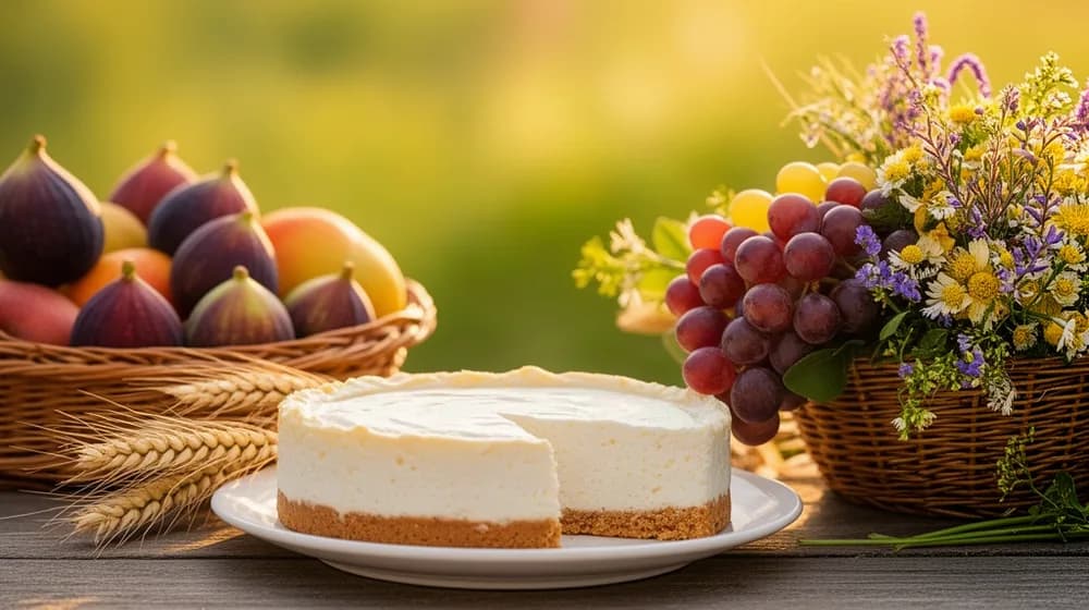 Une part de gâteau au fromage près d’une corbeille de premiers fruits et d’épis