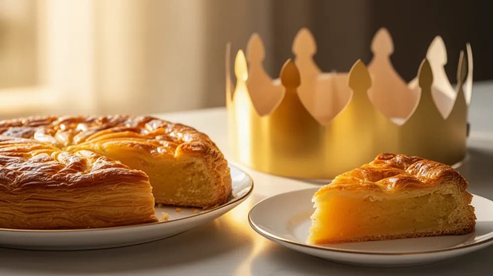 Une galette des rois entamée, une couronne dorée posée à côté