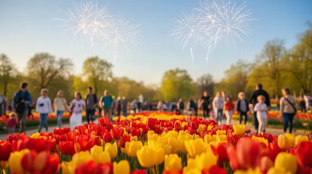 Un jardin public en fleurs à la fin mai, des familles en promenade