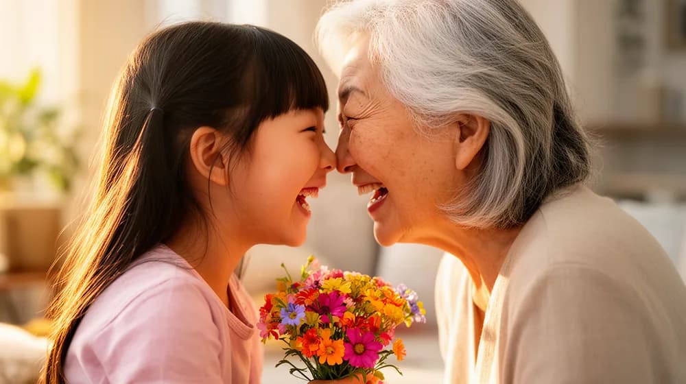 Une grand-mère et sa petite-fille rient front contre front, un petit bouquet dans les mains de l’enfant