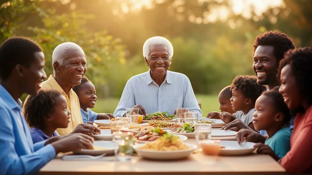 Trois générations d’une même famille réunies autour d’une table dressée dehors
