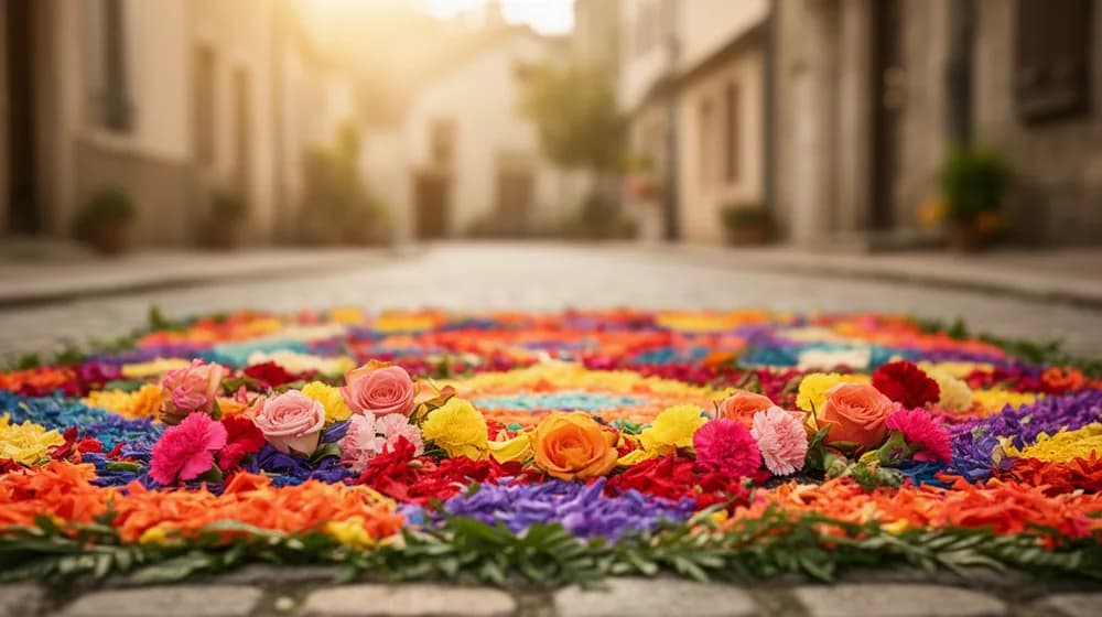 Un tapis de pétales de fleurs composé sur les pavés d’une rue de village