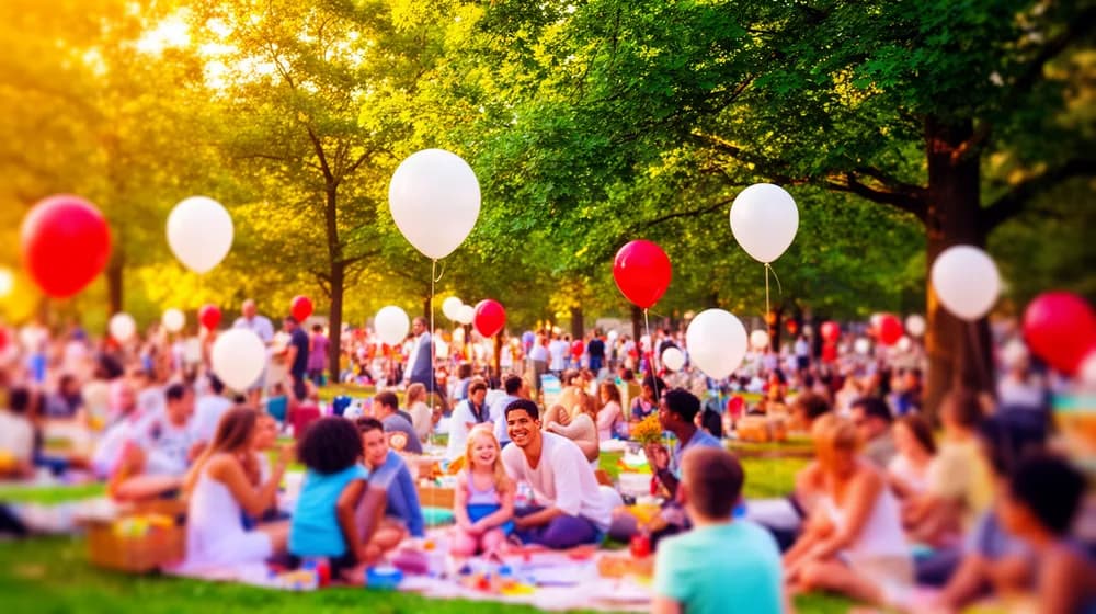 Un pique-nique de quartier dans un parc en été, familles diverses sous les érables