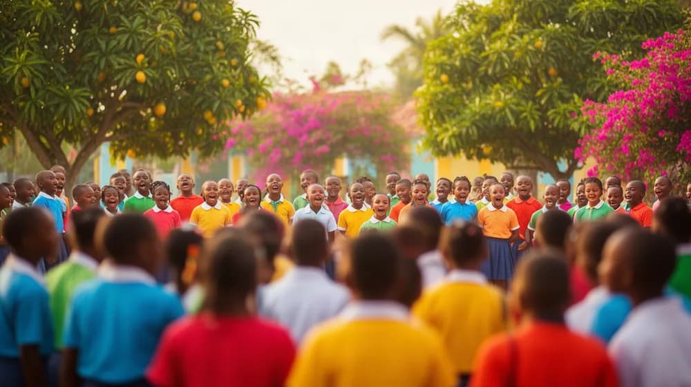 Une cour d’école caribéenne un matin de mai, une chorale d’enfants qui chante