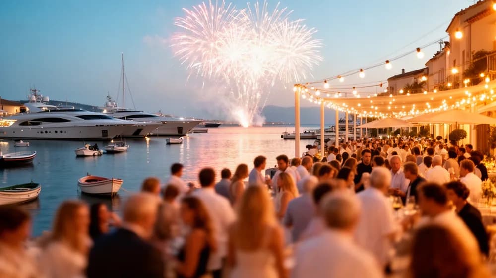 Un port méditerranéen en fête le soir, un feu d’artifice se reflétant sur l’eau