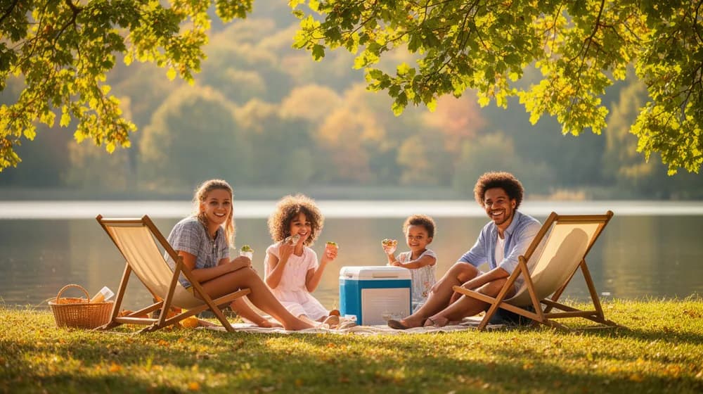 Une famille pique-nique au bord d’un lac à la fin de l’été