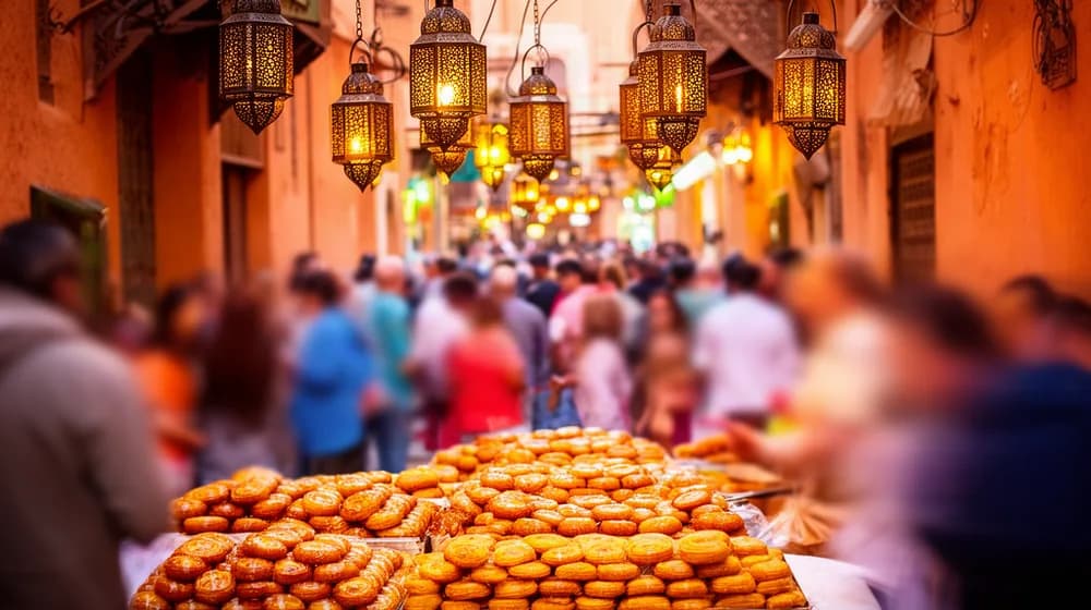 Une médina en fête à la tombée de la nuit, lanternes ajourées et étals de pâtisseries