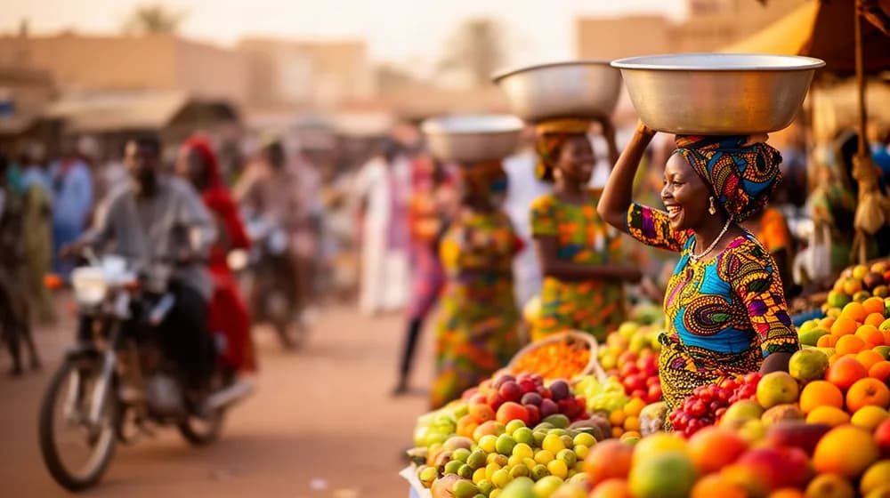 Un marché sahélien un jour de fête, étals de fruits et tissus imprimés éclatants