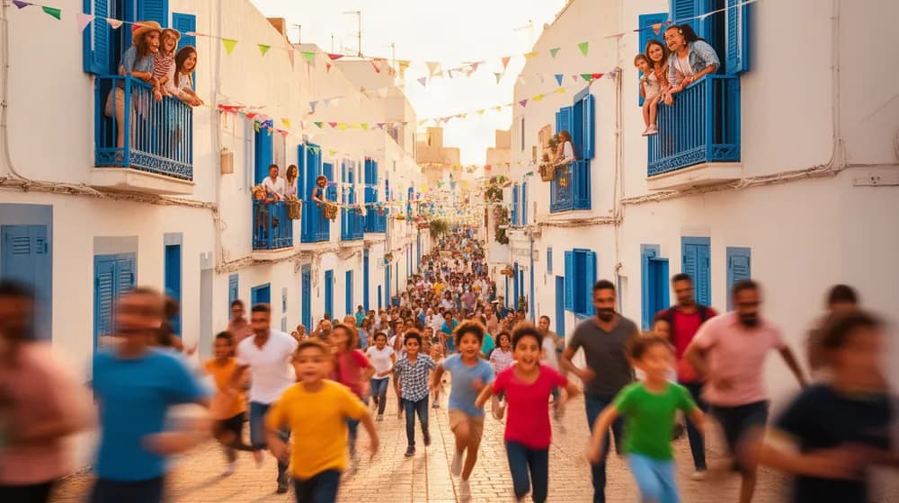Une rue en pente aux façades blanches et volets bleus, guirlandes tendues et familles aux balcons