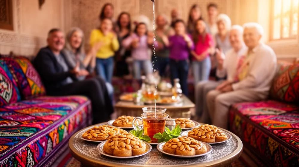 Un salon aux banquettes brodées, thé à la menthe versé de haut et pâtisseries aux amandes