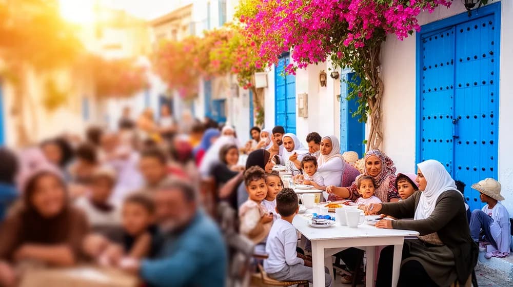 Une ruelle aux murs blancs et portes bleues, des tables sorties devant les maisons