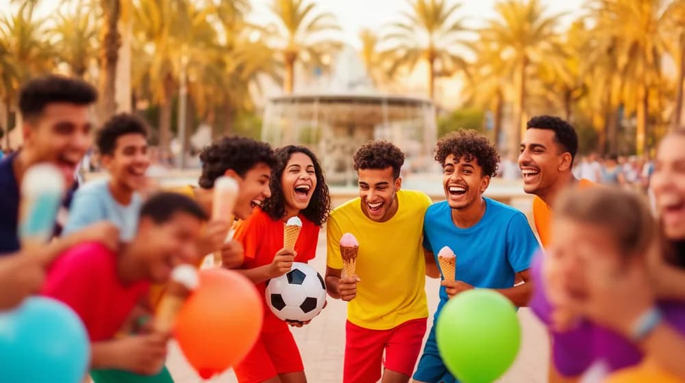 Des jeunes rient ensemble sur une place ombragée en été, ballons et glaces