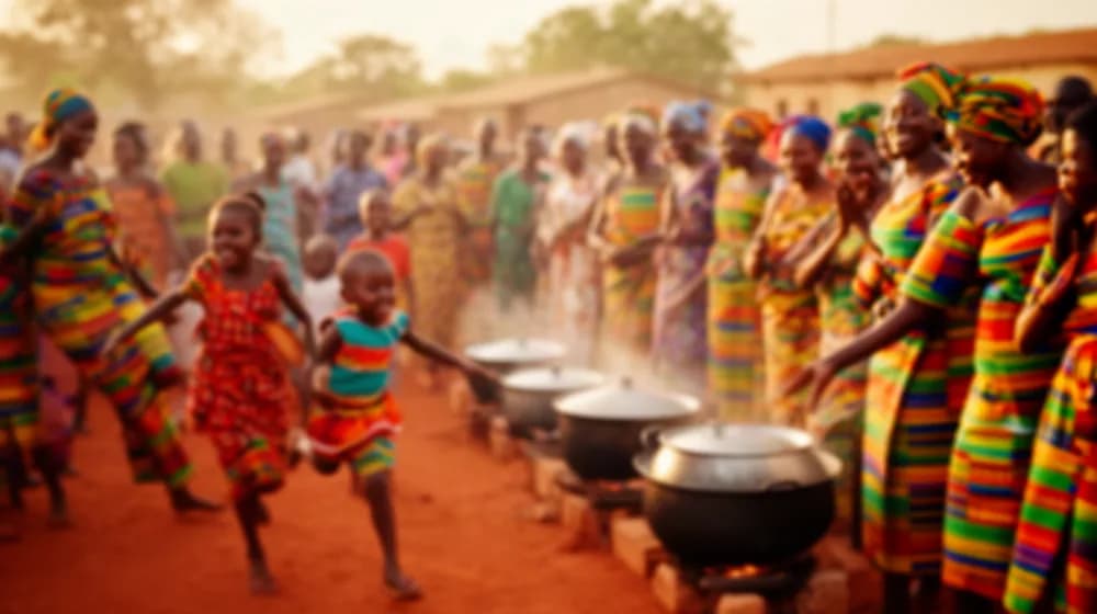Un rassemblement de quartier ouest-africain, tissus à rayures colorées et marmites communes