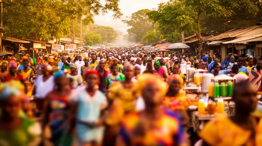 Une avenue d’Afrique centrale un matin de mai, foule en tenues colorées et vendeurs de rue