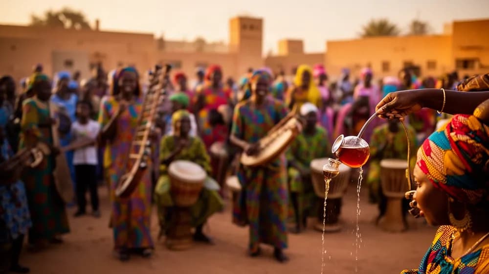 Une place sahélienne en fin de journée, joueurs de kora et de balafon, thé versé en filet