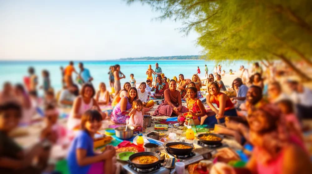 Une plage de l’océan Indien au petit matin, familles diverses installées avec des marmites de curry
