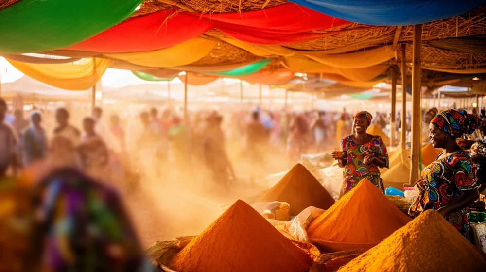 Un marché sahélien sous des bâches colorées, étals d’épices en cônes