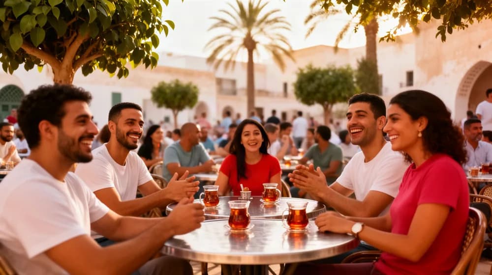 Un café de place ombragé, verres de thé aux pignons et clients de tous âges