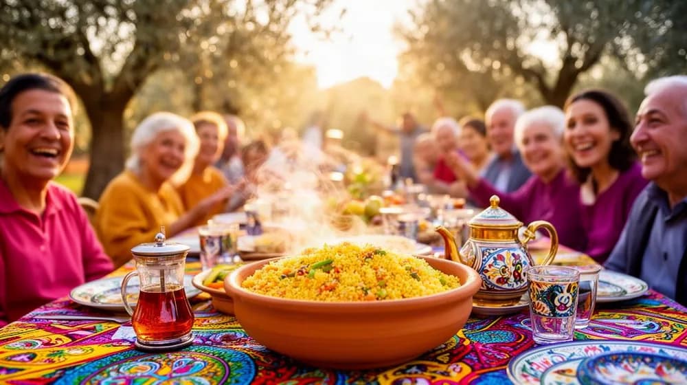 Une table familiale en plein air, un couscous fumant et un service à thé décoré