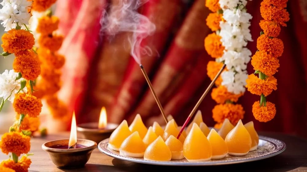 Des guirlandes d’œillets d’Inde et un plateau de douceurs sucrées, entre lampes à huile et encens