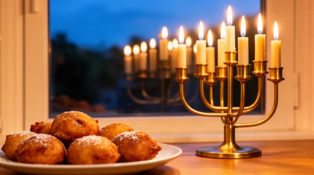 Un chandelier à neuf branches allumé devant une fenêtre, des beignets sucrés au premier plan