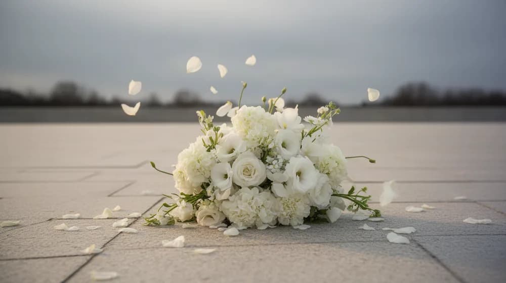 Une gerbe de fleurs blanches déposée sur une esplanade de pierre vide