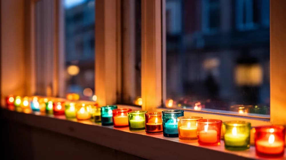 Des petites bougies colorées alignées sur les rebords de fenêtres, à la tombée de la nuit