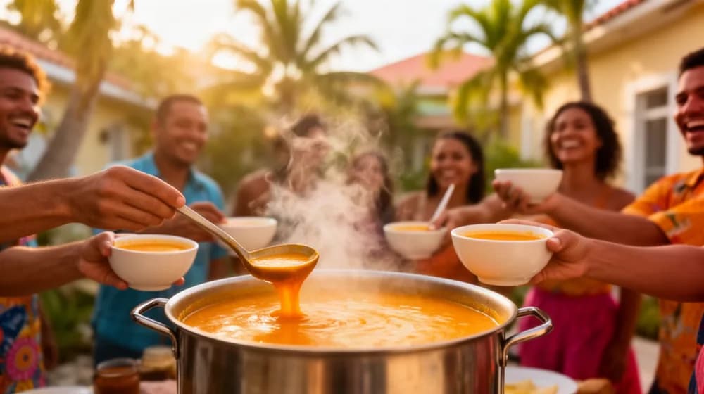 Une grande marmite de soupe au potiron servie à la louche, des mains tendues