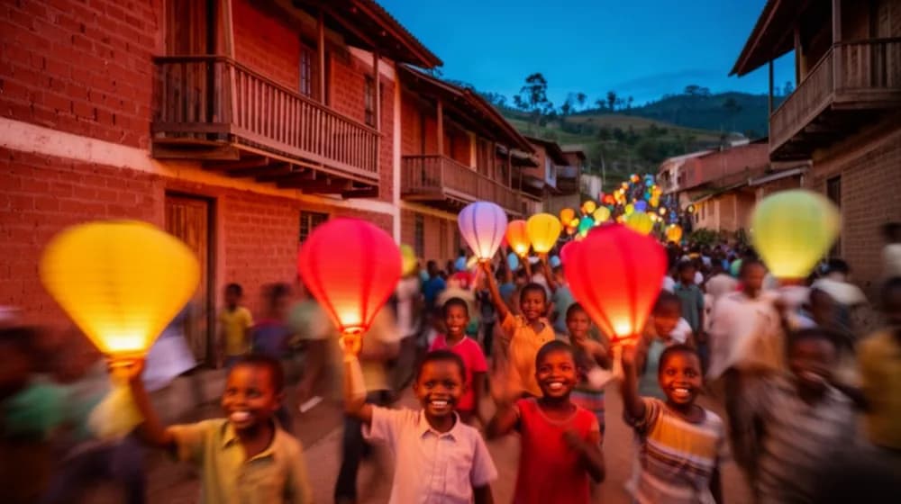 Des enfants portent des lampions de papier dans une rue en pente bordée de maisons de brique