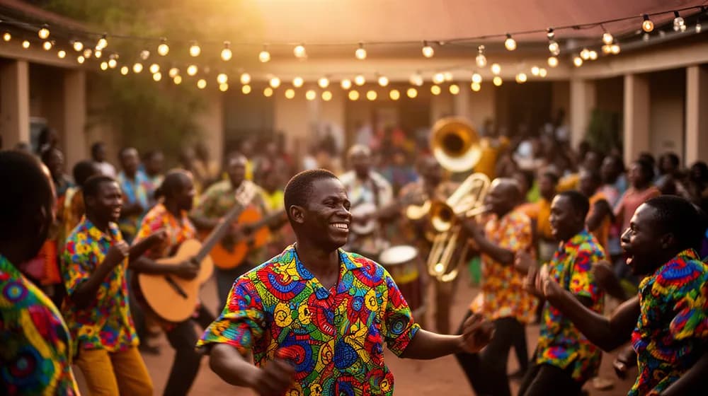 Un orchestre de rumba joue dans une cour à la tombée de la nuit, des danseurs de tous âges