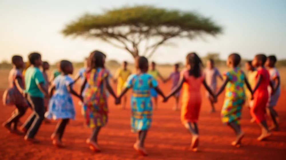 Une ronde d’enfants aux tenues colorées se tenant par la main sur une terre rouge