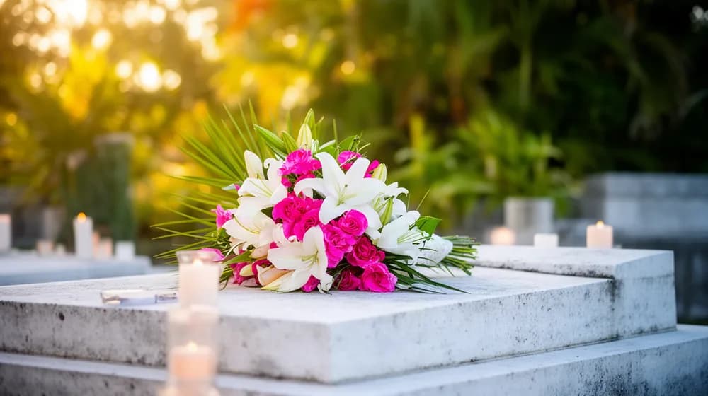 Un bouquet de fleurs tropicales posé sur la pierre claire d’une sépulture de famille