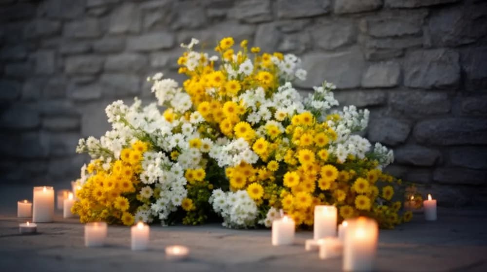 Des gerbes de fleurs blanches déposées au pied d’un mur de pierre, quelques bougies allumées