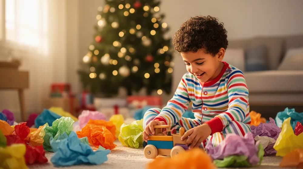Un enfant en pyjama joue au milieu des papiers cadeaux, au lendemain de la fête