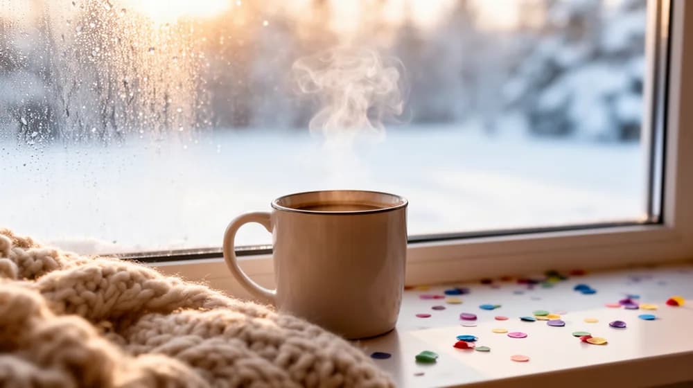 Un mug de café fumant près d’une fenêtre d’hiver, quelques confettis oubliés sur la table