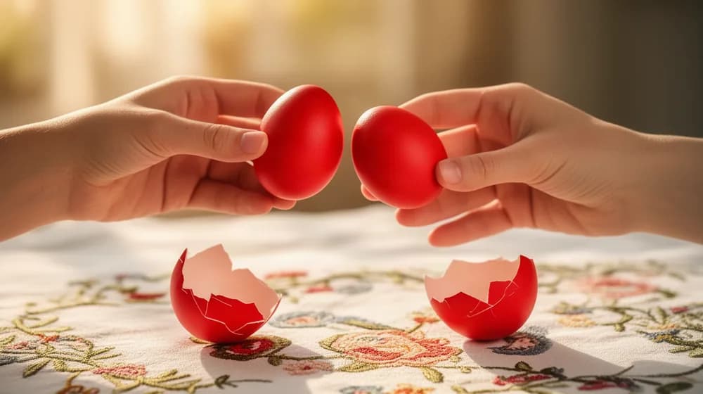 Deux mains entrechoquent des œufs teints en rouge au-dessus d’une nappe brodée