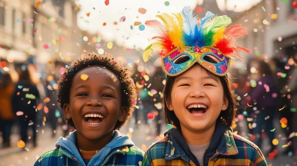 Deux enfants déguisés rient sous une pluie de confettis, un masque à plumes relevé sur le front
