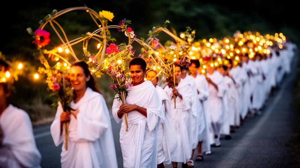 Une file de pèlerins vêtus de blanc marchant de nuit, portant des structures fleuries et illuminées