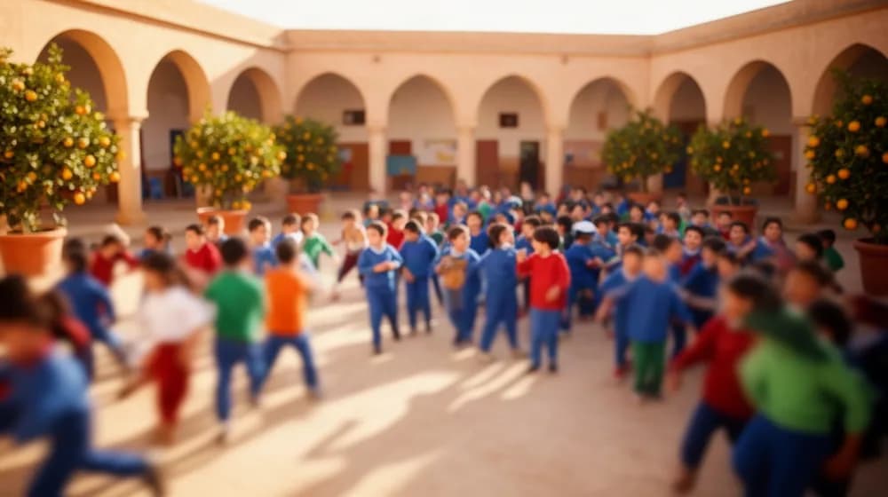 Une cour d’école aux arcades de pierre un matin de janvier, des élèves rassemblés