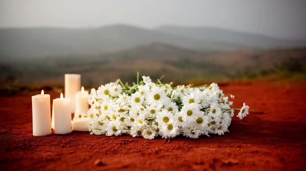 Des fleurs blanches déposées sur la terre rouge, devant des collines nues