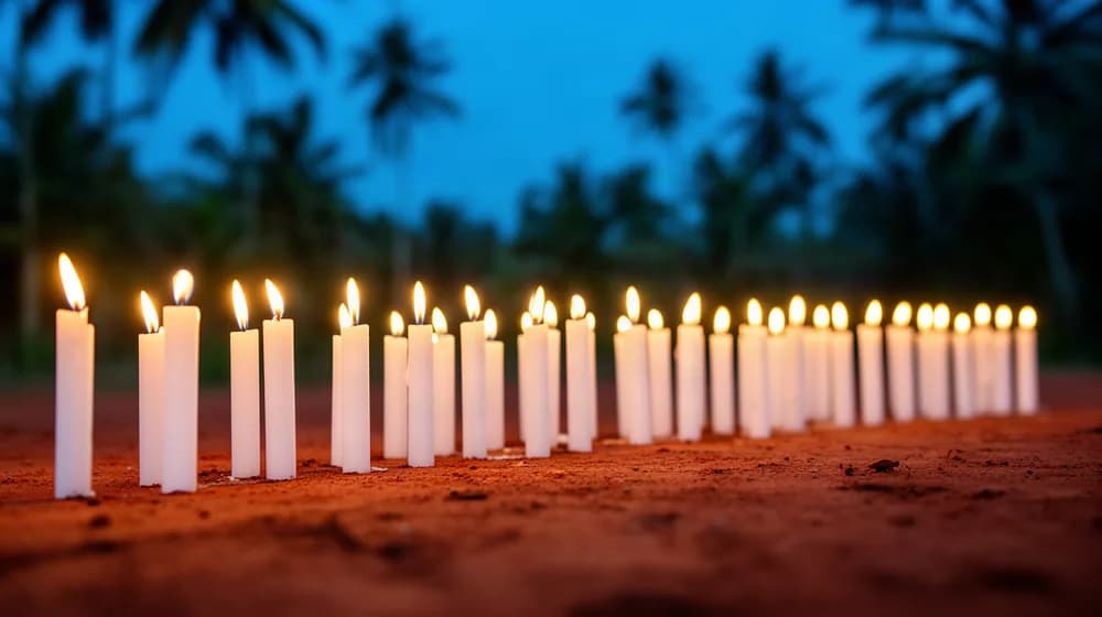 Une longue rangée de bougies blanches allumées à même le sol, au crépuscule