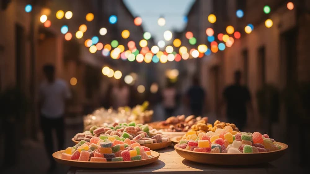 Des guirlandes de lampes colorées au-dessus d’une ruelle, des plateaux de sucreries offerts