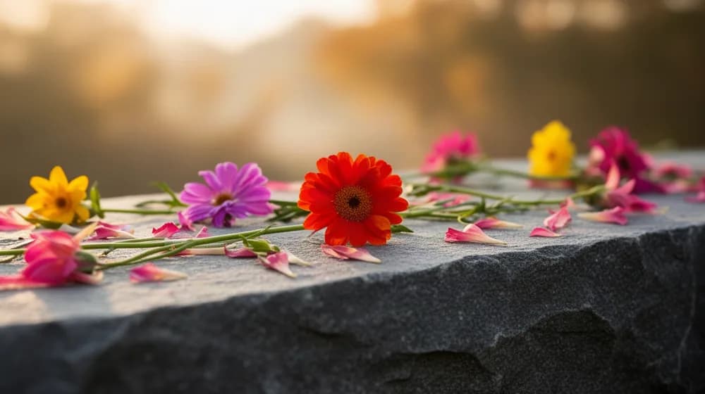 Des fleurs coupées posées une à une sur une large dalle de pierre grise