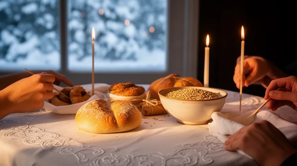 Une table de fête à la nappe blanche, un pain rond et des cierges allumés