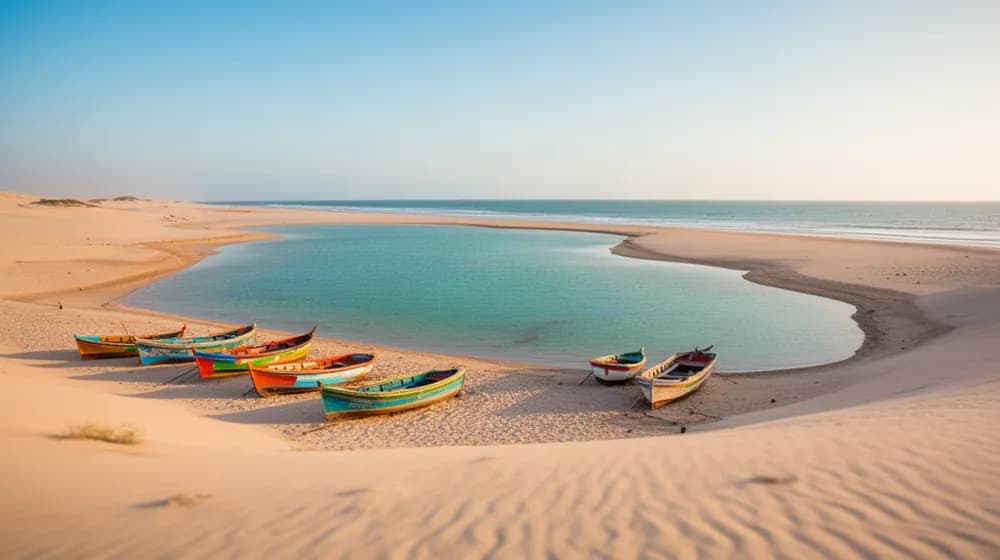 Une lagune bordée de dunes rencontrant l’océan, quelques barques de pêche échouées sur le sable